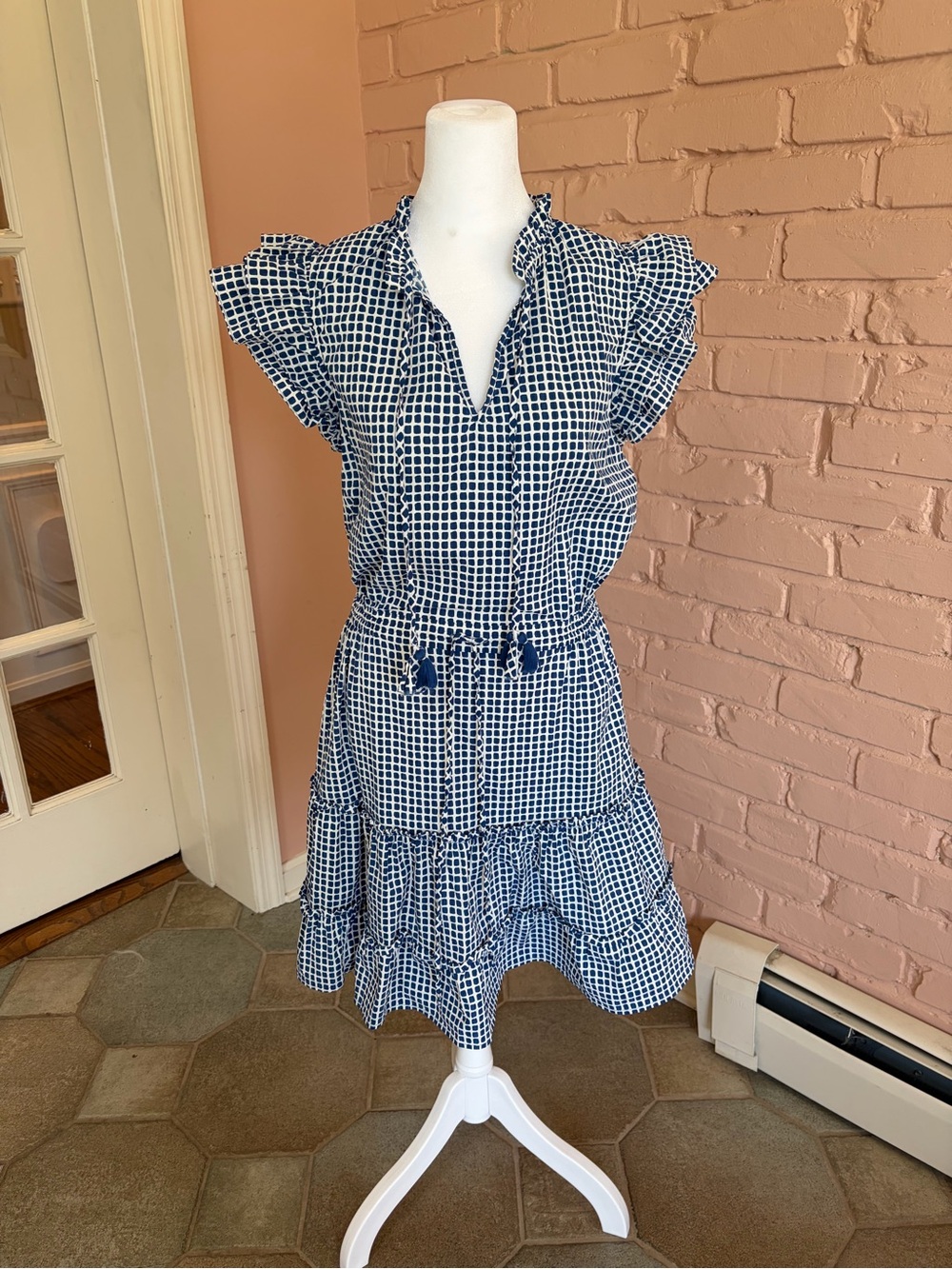 Vineyard Vines Navy & White Gingham Ruffle Mini Dress